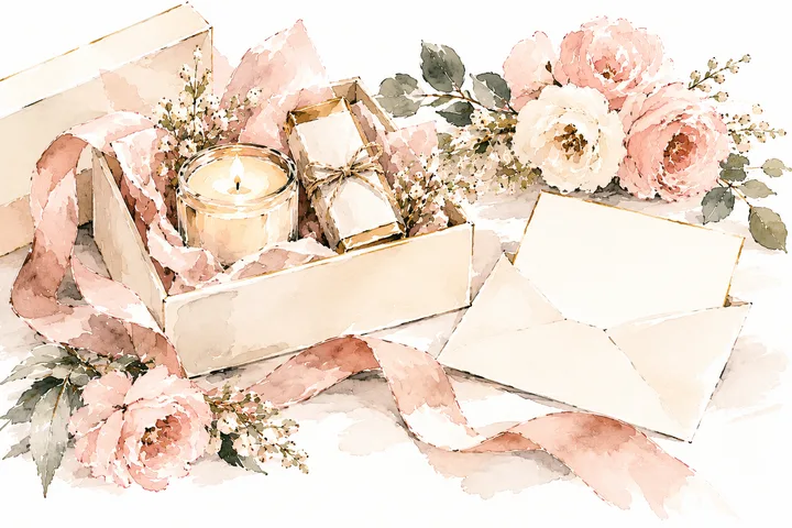 Watercolor illustration of a bridesmaid proposal gift box with a lit candle, wrapped gift and blank card, surrounded by pink flowers and ribbon.