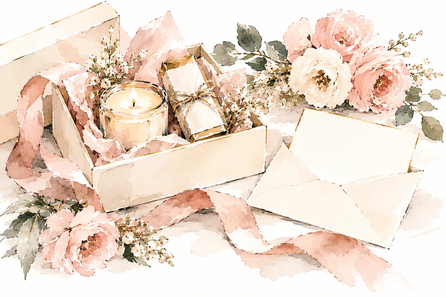 Watercolor illustration of a bridesmaid proposal gift box with a lit candle, wrapped gift and blank card, surrounded by pink flowers and ribbon.