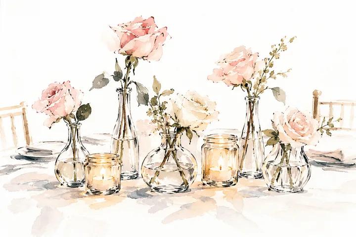 Watercolor illustration of pink and cream roses in glass bud vases with glowing jar candles on a wedding table.