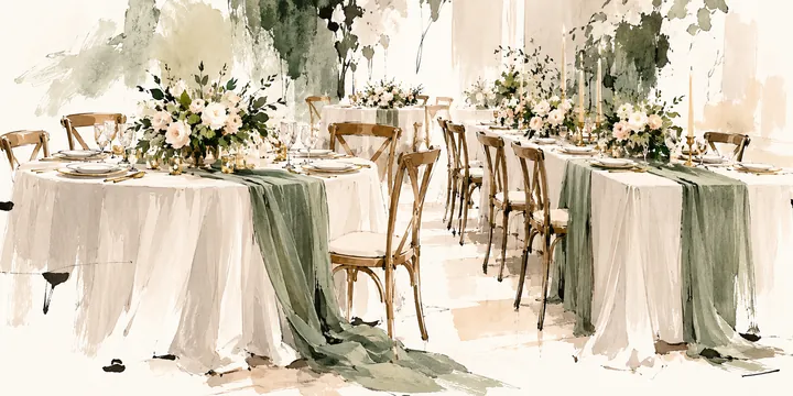 Watercolor illustration of round and banquet wedding tables with ivory tablecloths, sage green runners, and blush and cream floral centerpieces.
