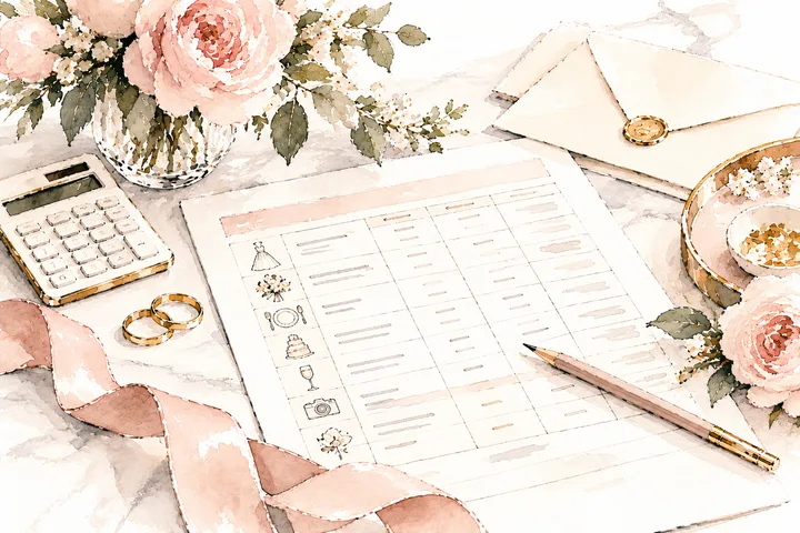Watercolor illustration of a wedding budget worksheet with a calculator, pencil, gold wedding rings, pink flowers and an envelope.
