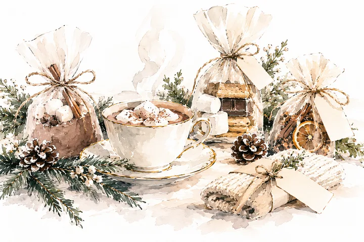 Watercolor illustration of hot cocoa with marshmallows, wrapped cocoa and s’mores favors, pinecones and winter greenery.