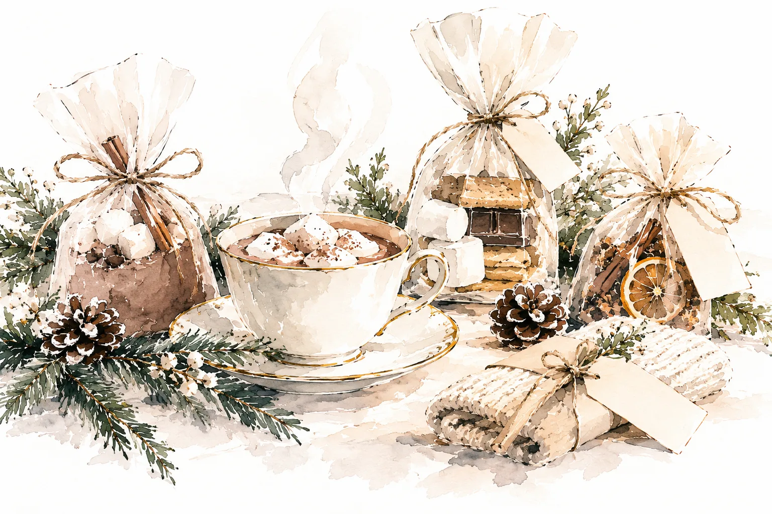 Watercolor illustration of hot cocoa with marshmallows, wrapped cocoa and s’mores favors, pinecones and winter greenery.